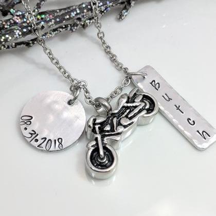 Hand Stamped Necklace Motorcycle Urn - Hand..
