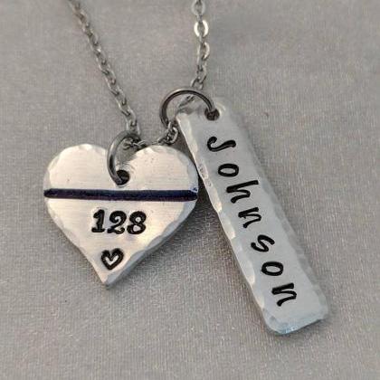 Thin Blue Line Hand Stamped Necklace -..