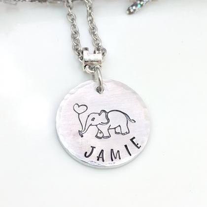 Personalized Elephant Hand Stamped Necklace-name..