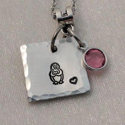 Penguin Hand Stamped Necklace - Birthstone Hand..