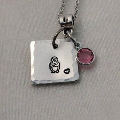Penguin Hand Stamped Necklace - Birthstone Hand..