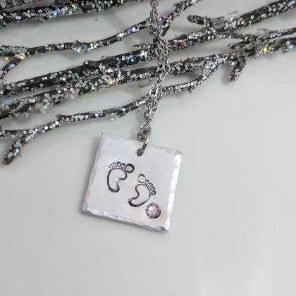 Mommy Hand Stamped Necklace - Baby Feet Hand..