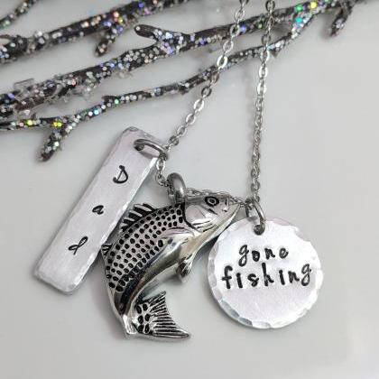 Gone Fishing Urn Hand Stamped Necklace, Ashes..