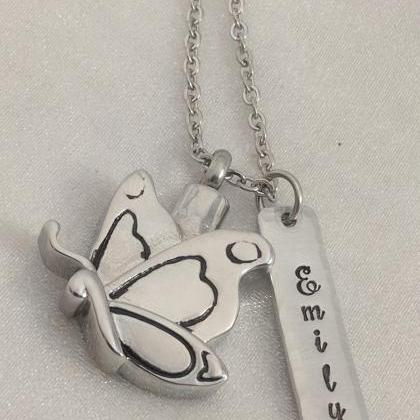 Butterfly Urn Hand Stamped Necklace -personalized..