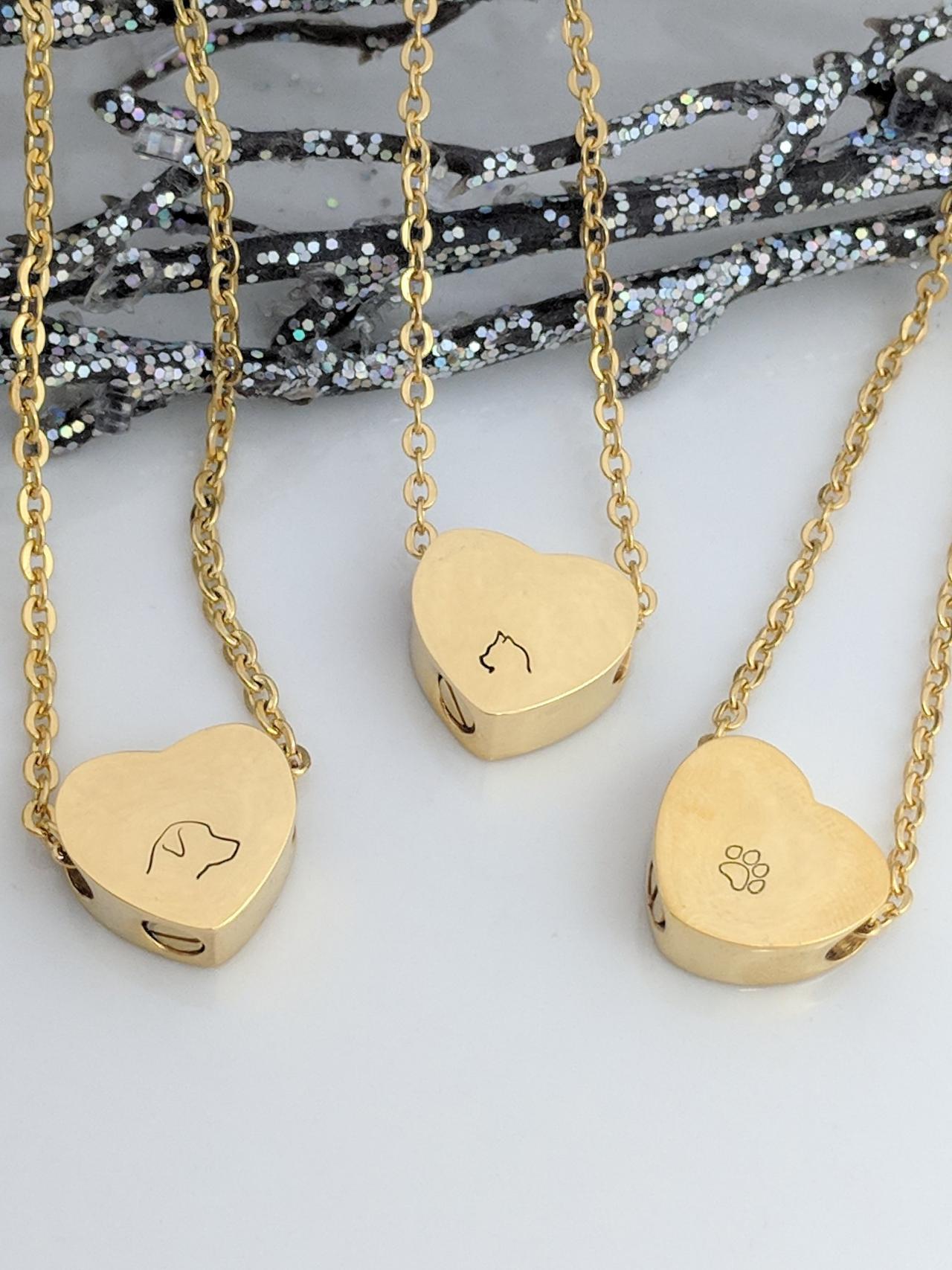 Gold Heart Urn Hand Stamped Necklace - Pet Loss Hand Stamped Keepsake Necklace - Dog Loss - Cat Loss - Pawprint - Pet Ash Holder - Hand Stamped