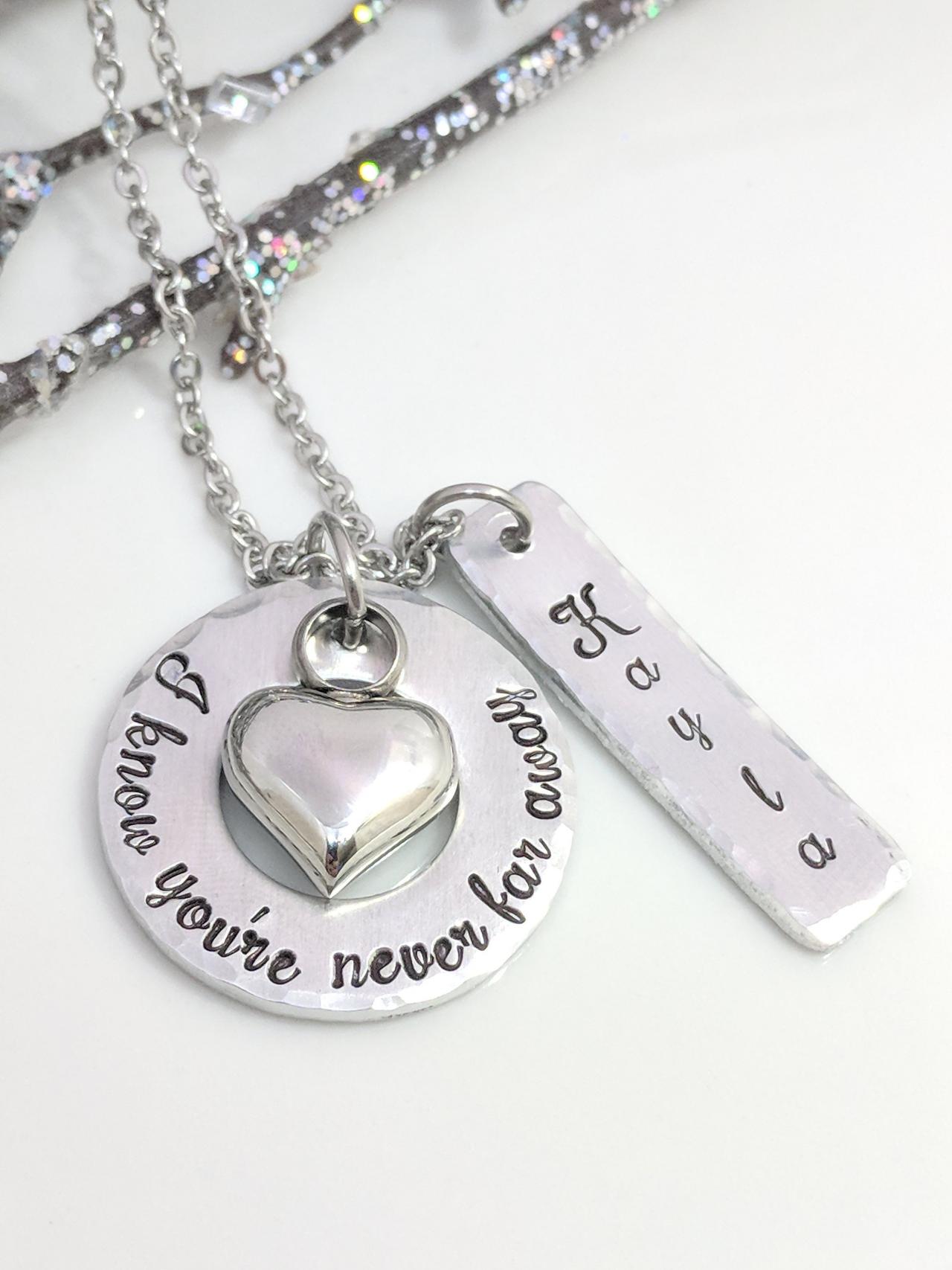 Hand Stamped Necklace Heart Urn-never Far Away-personalized Urn Jewelry-ashes Necklace-memorial Urn-loss Jewelry-death Of Loved