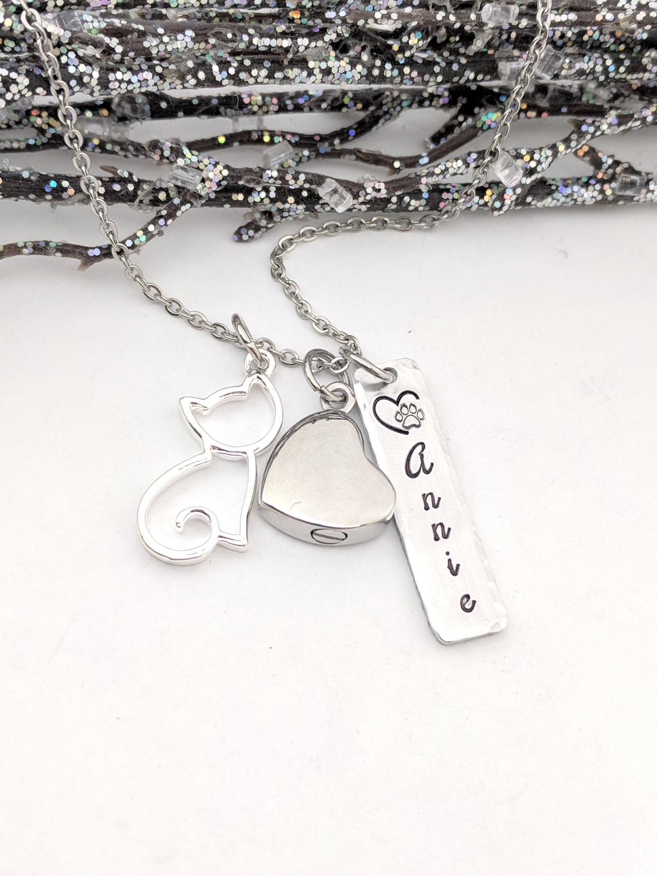 Hand Stamped Necklace Heart Urn - Hand Stamped Keepsake Jewelry - Personalized Urn Necklace - Sympathy Gift - Pet Remembrance - Cat Love Necklace