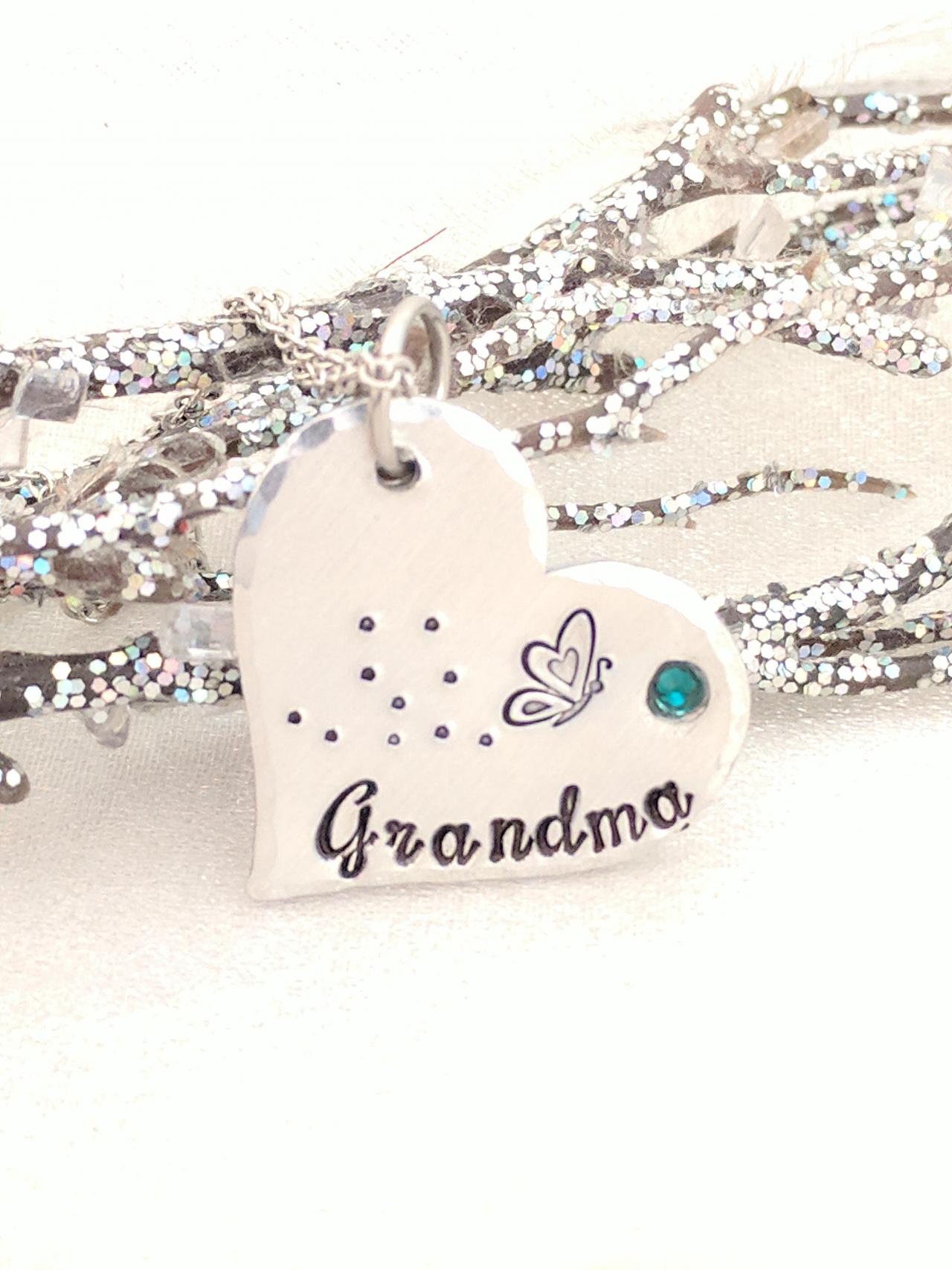 Hand Stamped Grandma Necklace - Heart Necklace - Gift For Grandma - Butterfly Necklace - Name Necklace - Birthstone Jewelry - Metal Stamped -