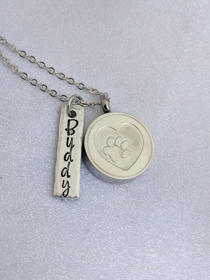 Hand Stamped Urn Necklace - Loss Of Pet - Pet Cremation Urn - Hand Stamped Jewelry Cremation Pendant - Pet Ashes Locket - Customized Name Urn