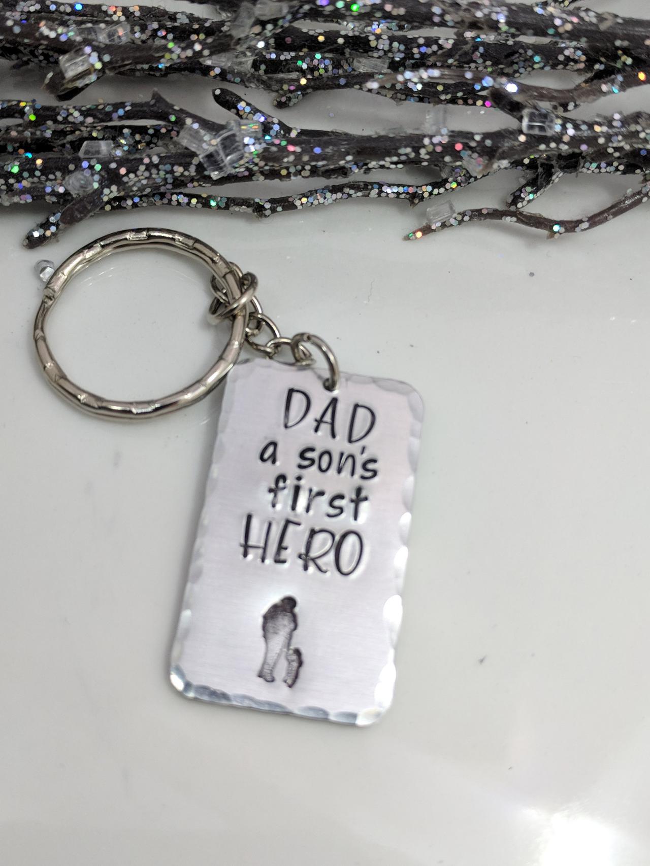 Hand Stamped Keychain Dad Gift-dad Keychain-a Son's First Hero-metal Stamped-gift For Dad From Son- Dad Gift-gift For