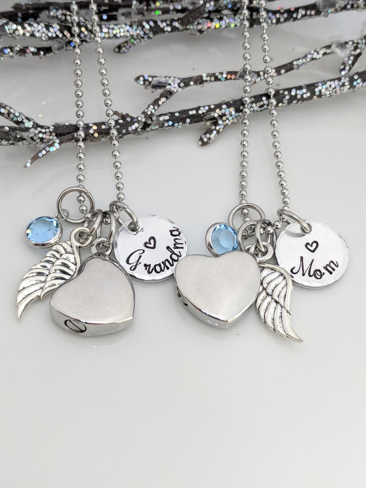 Hand Stamped Necklace In Memory Of - Hand Stamped Jewelry Memorial Keepsake - Keepsake Jewelry - Wing Charm - Ash Jewelry - Urn Necklace - Urn