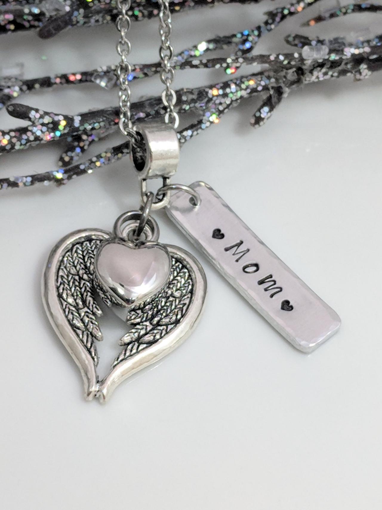 Hand Stamped Angel Wing Necklace - Heart Urn Pendant - Personalized Ash Jewelry - Ashes Locket - Cremation Urn Necklace - Sympathy Gift - Urn For