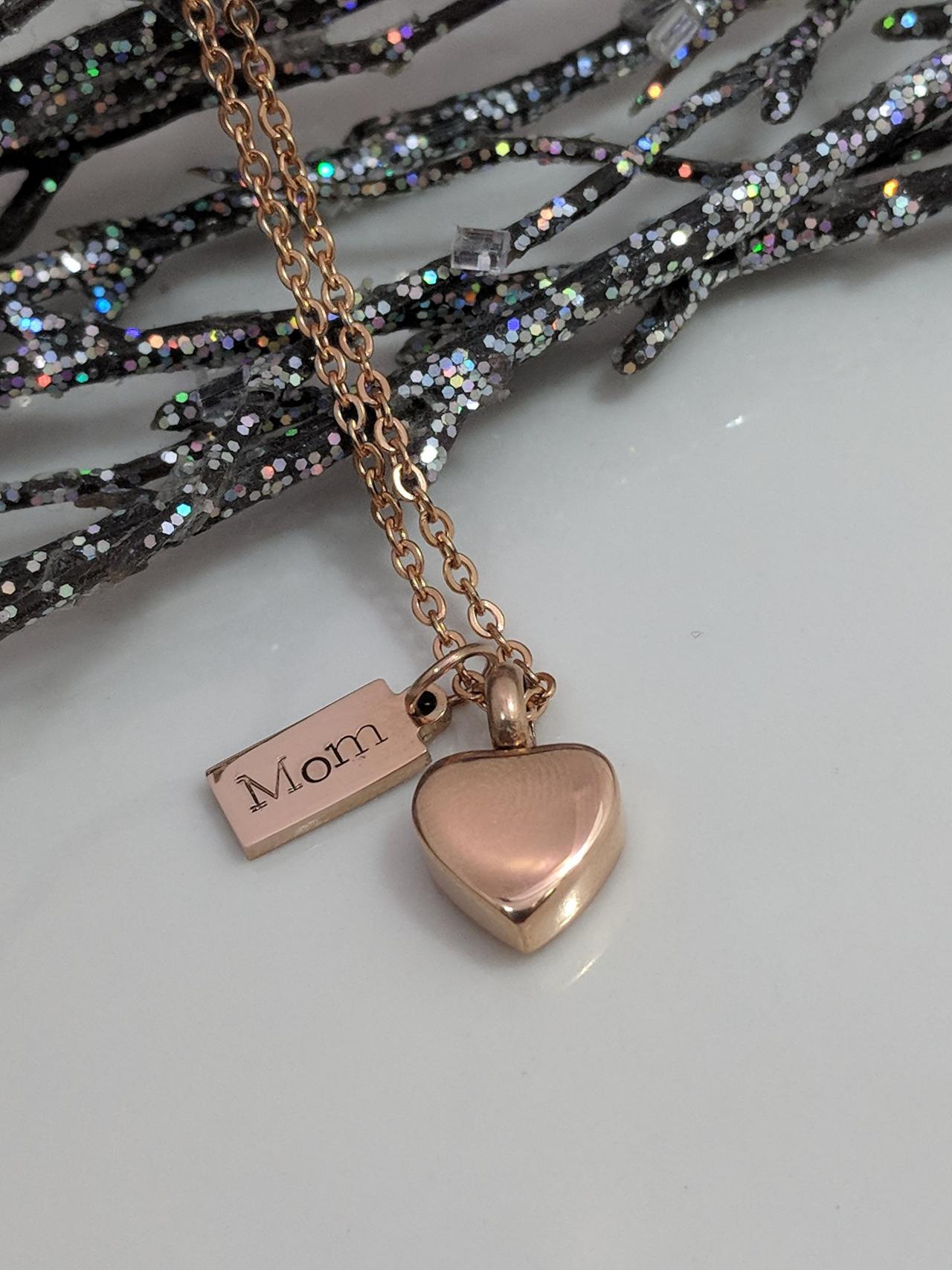 Hand Stamped Necklace Rose Gold- Heart Urn- Loss Of Mom Hand Stamped Jewelry- Urn For Ashes- Cremation Urn- Heart Urn Gift- Rose Gold Urn- Loss