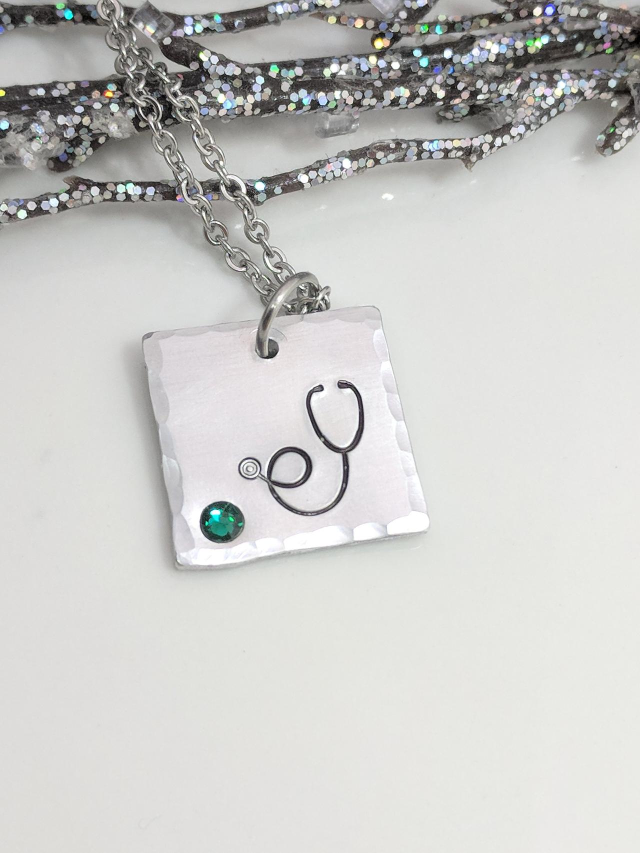 Hand Stamped Necklace Nurse Jewelry - Rn Gift - Stethoscope Necklace - Birthstone Jewelry - Cna - Nurse Graduation - Nursing School - Doctor Gift