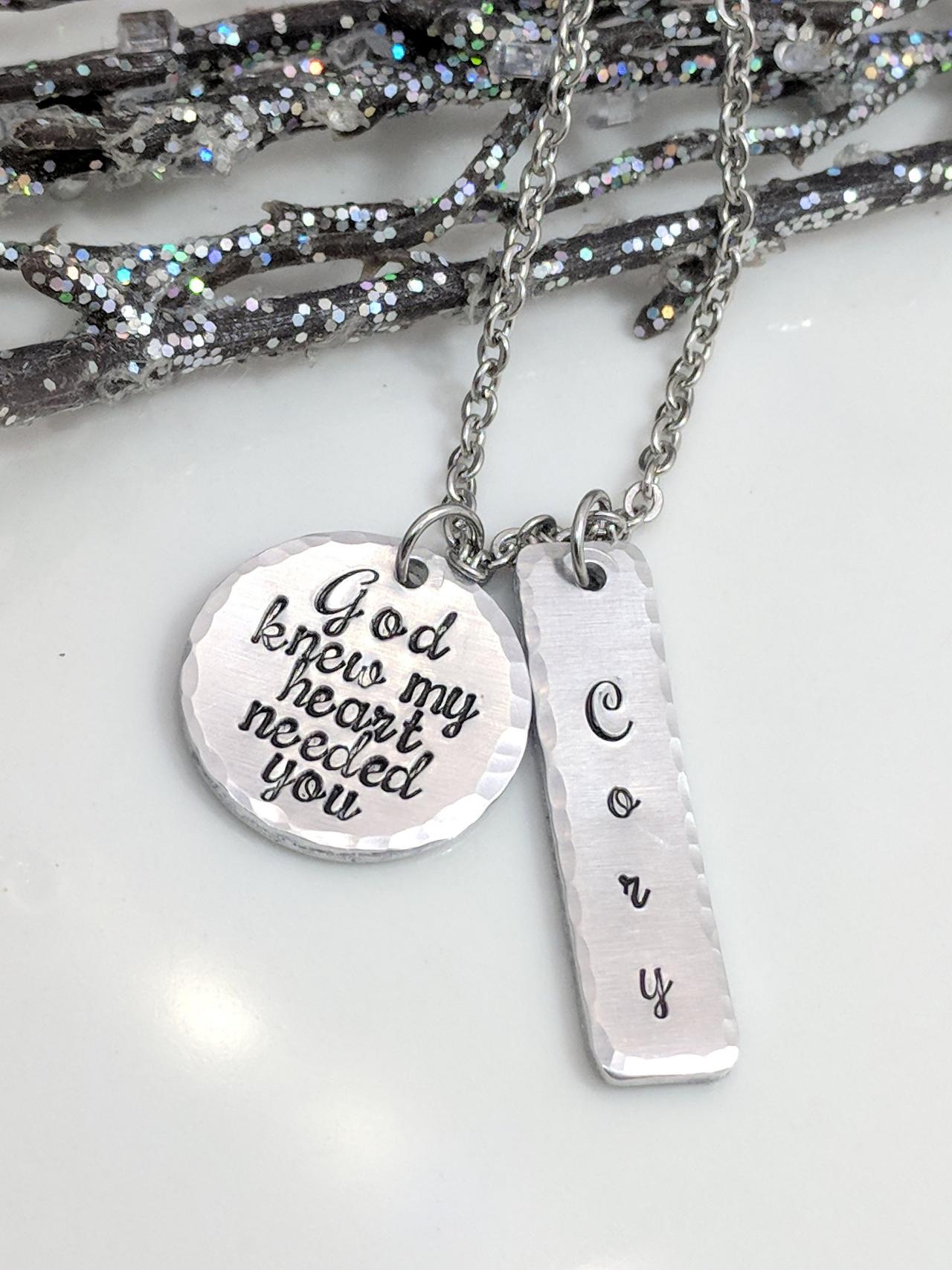 Motherhood Hand Stamped Necklace- Name Jewelry- Gift For Mom- God Knew My Heart Needed You- Personalized- Adoption- Christmas Gift- Mommy