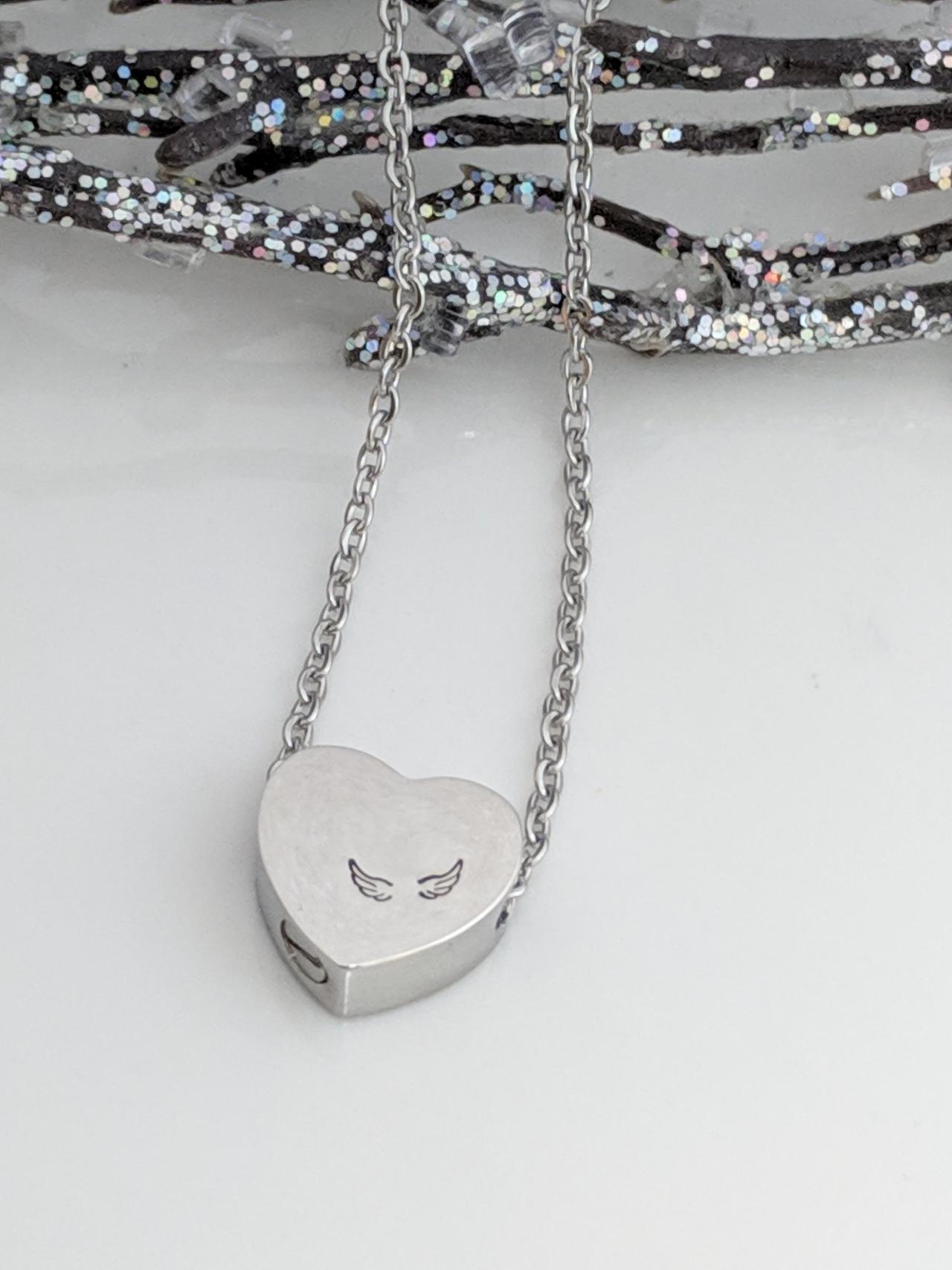 Hand Stamped Silver Heart Necklace - Heart Urn - Angel Wings - Cremation Jewelry - Ashes Necklace - Urn For Ashes - Remembrance - Keepsake -