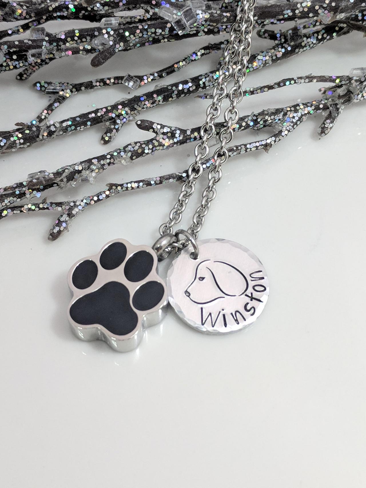 Hand Stamped Necklace Dog Urn- Pet Loss Urn Hand Stamped Jewelry- Paw Urn Necklace- Loss Of Pet- Urn For Pet Ashes- Dog Remembrance- Dog