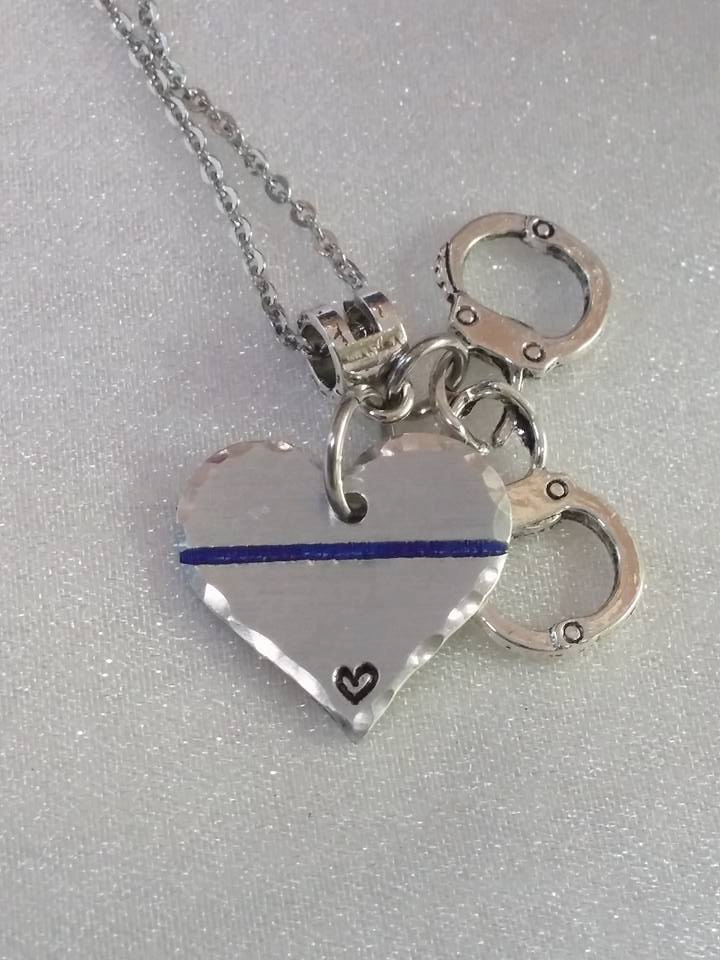 Police Wife Hand Stamped Jewelry - Police Mom Hand Stamped Necklace - Thin Blue Line Jewelry - Police Support - Handcuff Jewelry - Handmade -