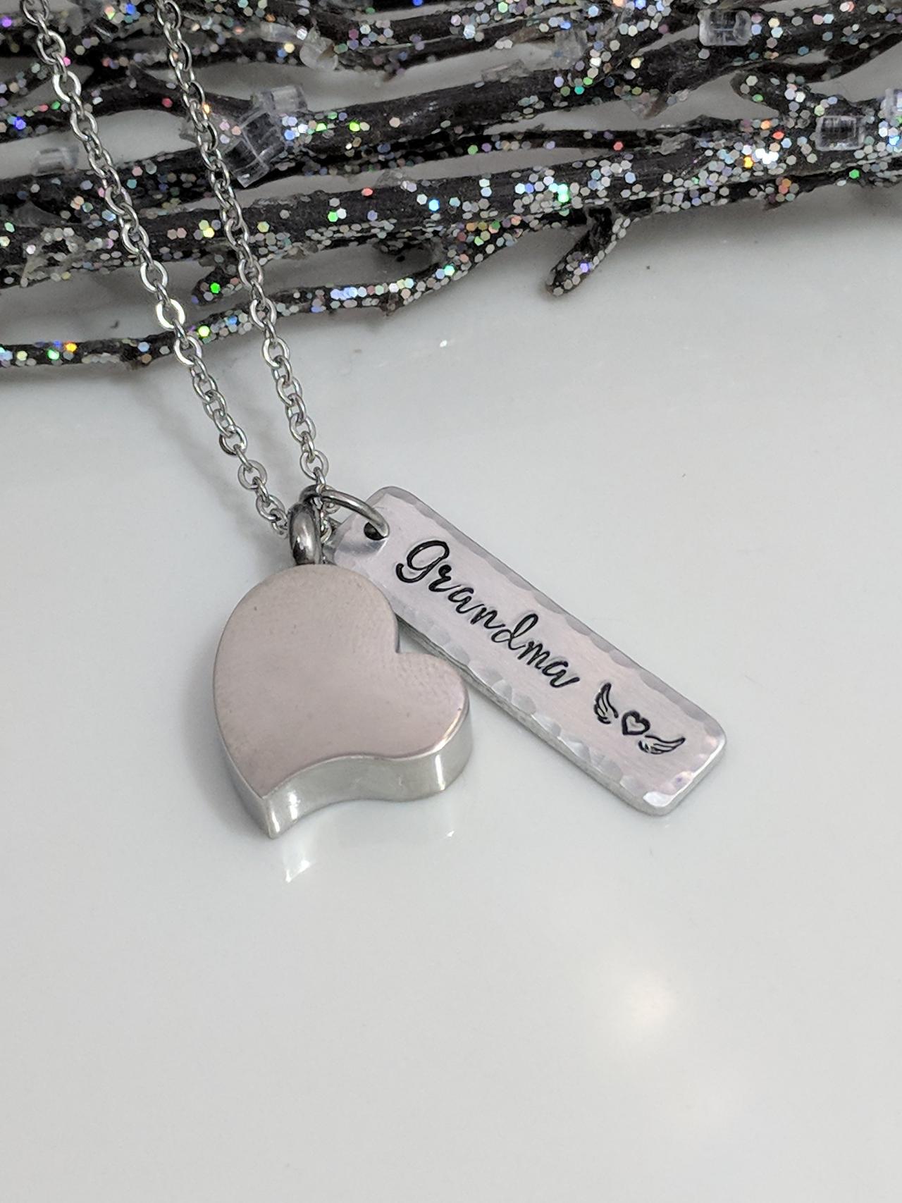 Hand Stamped Necklace Heart Urn For Ashes-heart Urn Pendant-cremation Hand Stamped Jewelry-personalized-loss Of Grandma-urn Necklace-memorial