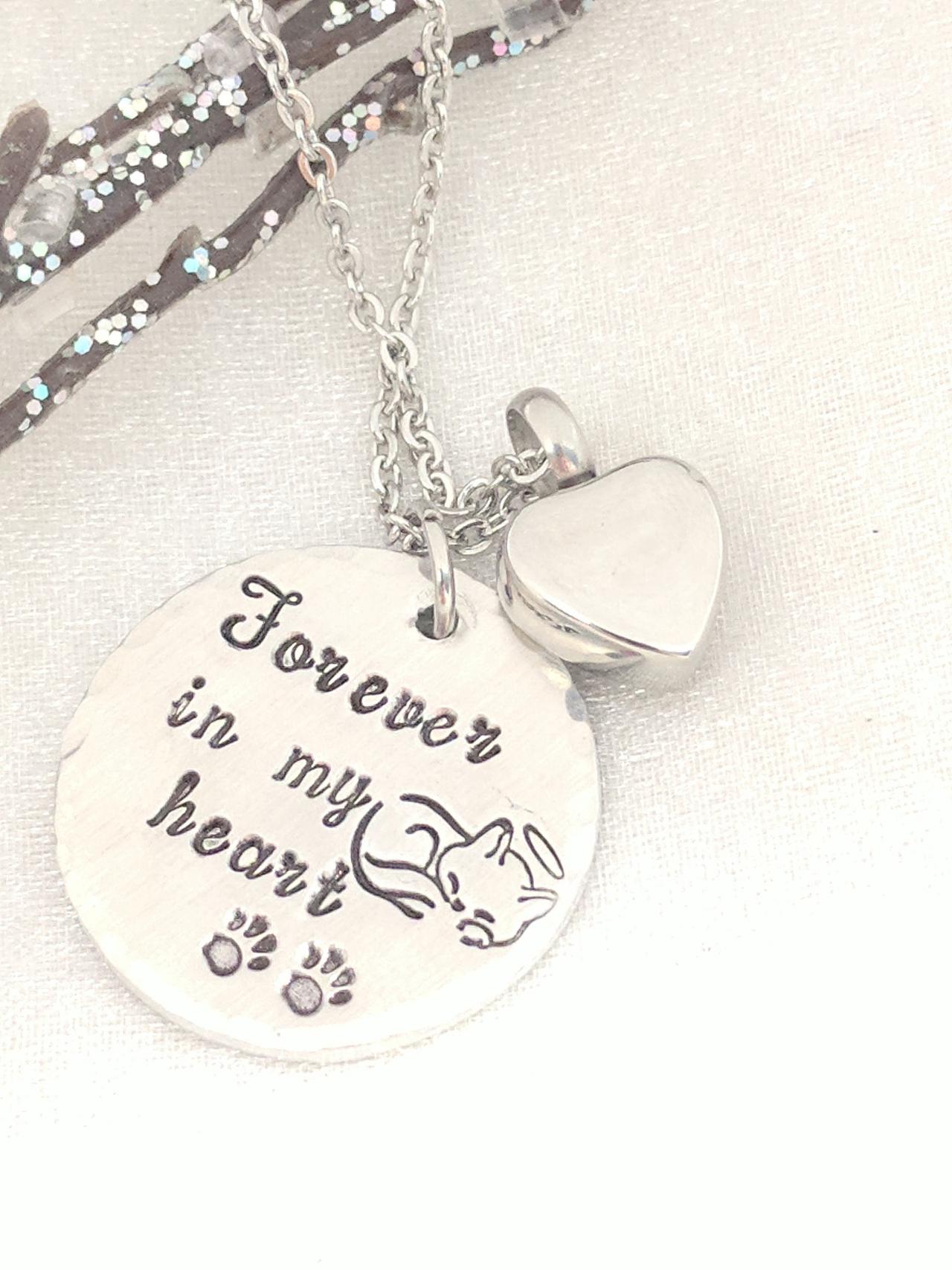 Forever In My Heart Hand Stamped Necklace - Loss Of Cat Hand Stamped Jewelry - Pet Remembrance Necklace - Sympathy Gift - Pet Urn Necklace -