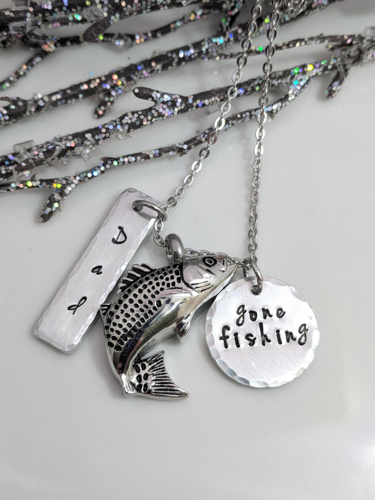 Gone Fishing Urn Hand Stamped Necklace, Ashes Necklace Hand Stamped Jewelry, Memorial Gift, Fishing In Heaven, Sympathy Gift, Personalized
