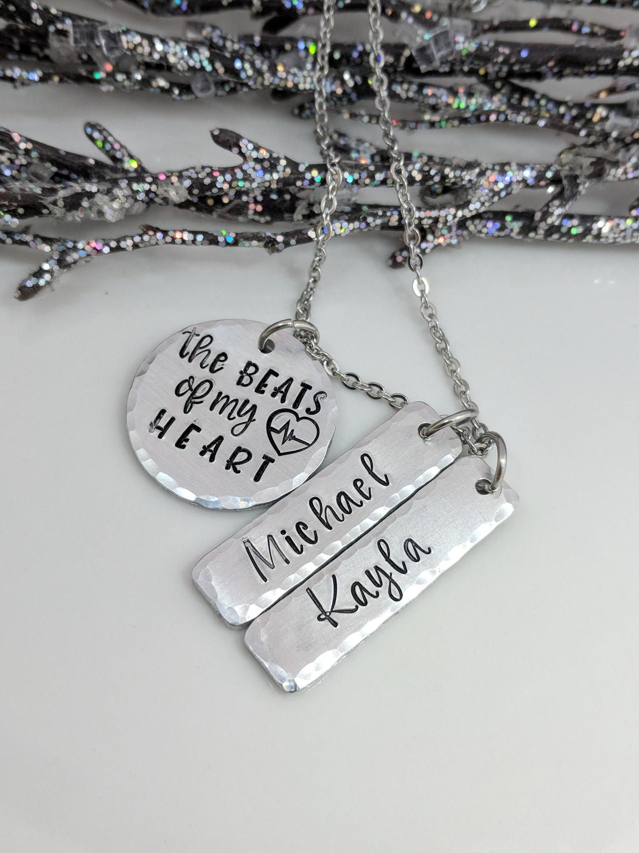 The Beats Of My Heart-personalized Hand Stamped Necklace-kids Name Necklace-gift For Mom-gift For Grandma-birthday Gift For Mom-stamped