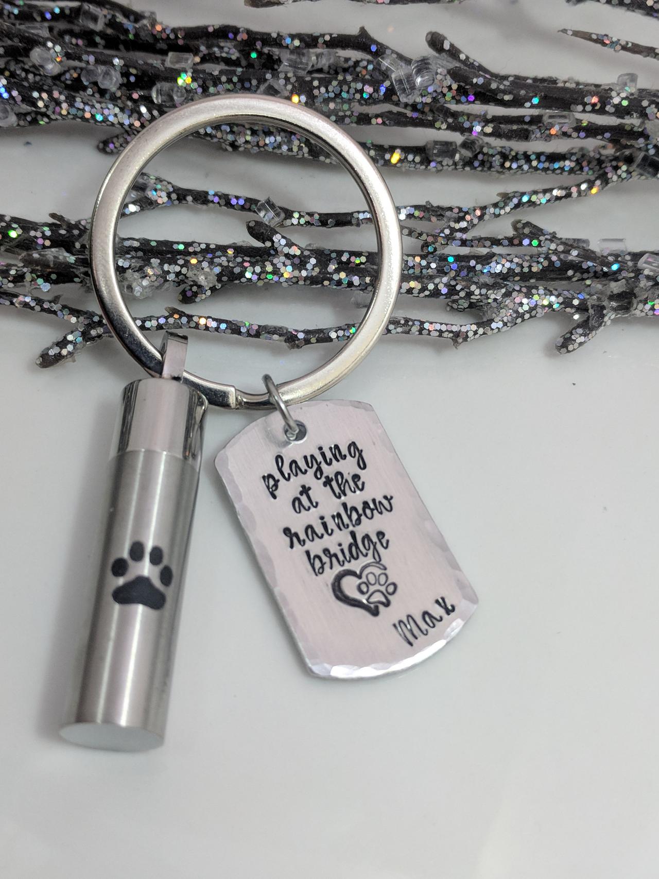 Dog Loss- Urn Hand Stamped Keychain- Pawprint Vial- Urn For Ashes- Loss Of Dog- Loss Of Pet- Rainbow Bridge- Pet Ashes Holder- Urn Keepsake-