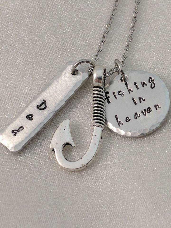 Fishing In Heaven Hand Stamped Necklace - Memorial Necklace - Personalized Memorial Keepsake - Loss Necklace - Fishing Hook Memorial - Sympathy