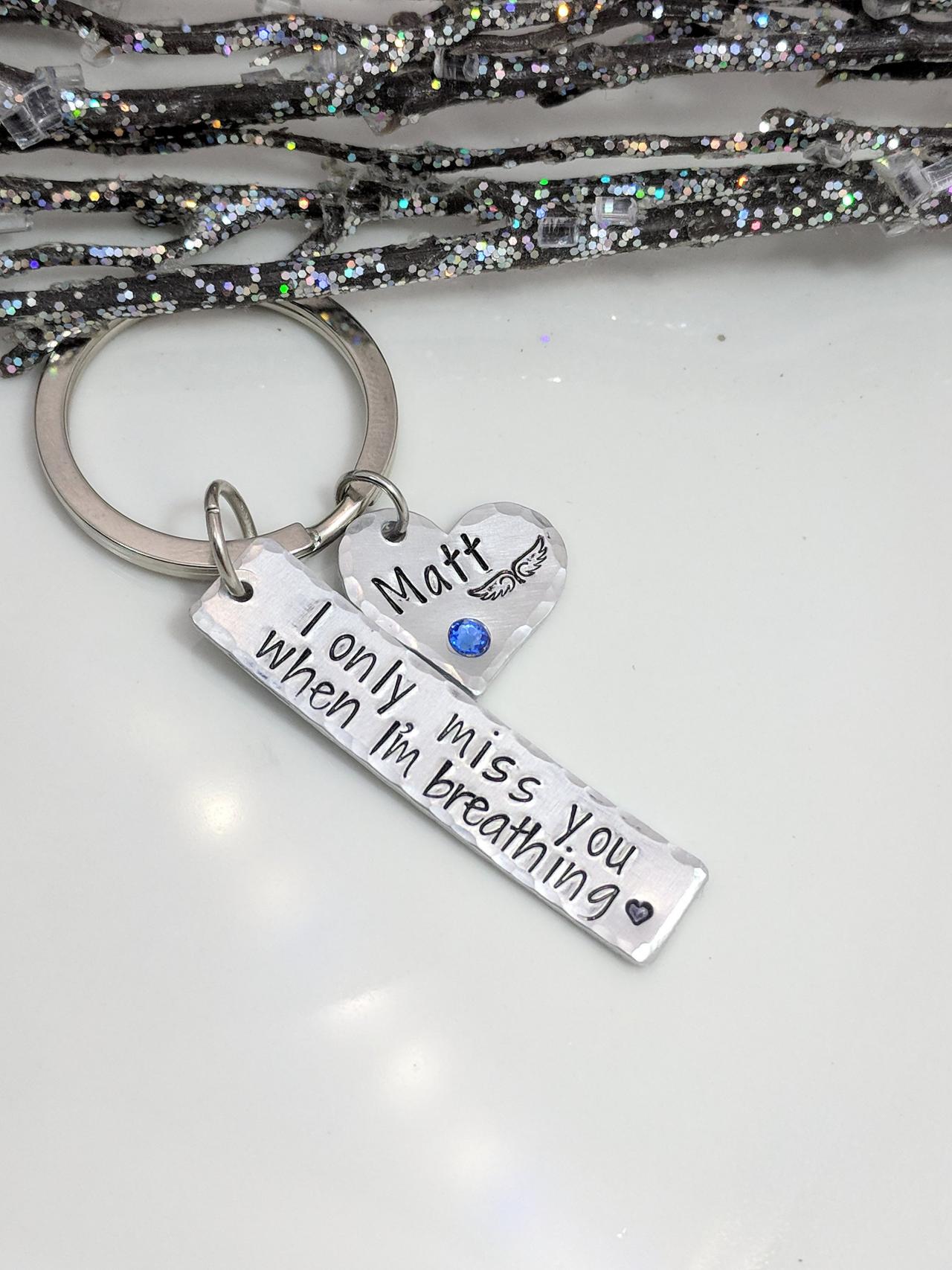 Remembrance Keepsake- Personalized Name- Angel Wings- I Only Miss You When I'm Breathing- Memorial Keychain-loss Of Loved One-sympathy