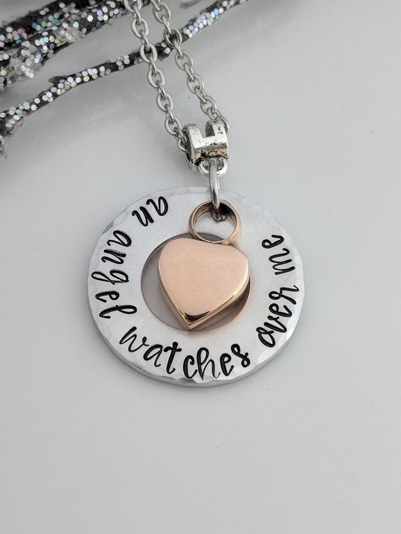 Urn Hand Stamped Necklace- Rose Gold- Heart Urn- An Angel Watches Over Me- Cremation Necklace- Ash Jewelry- Urn Keepsake- Memorial