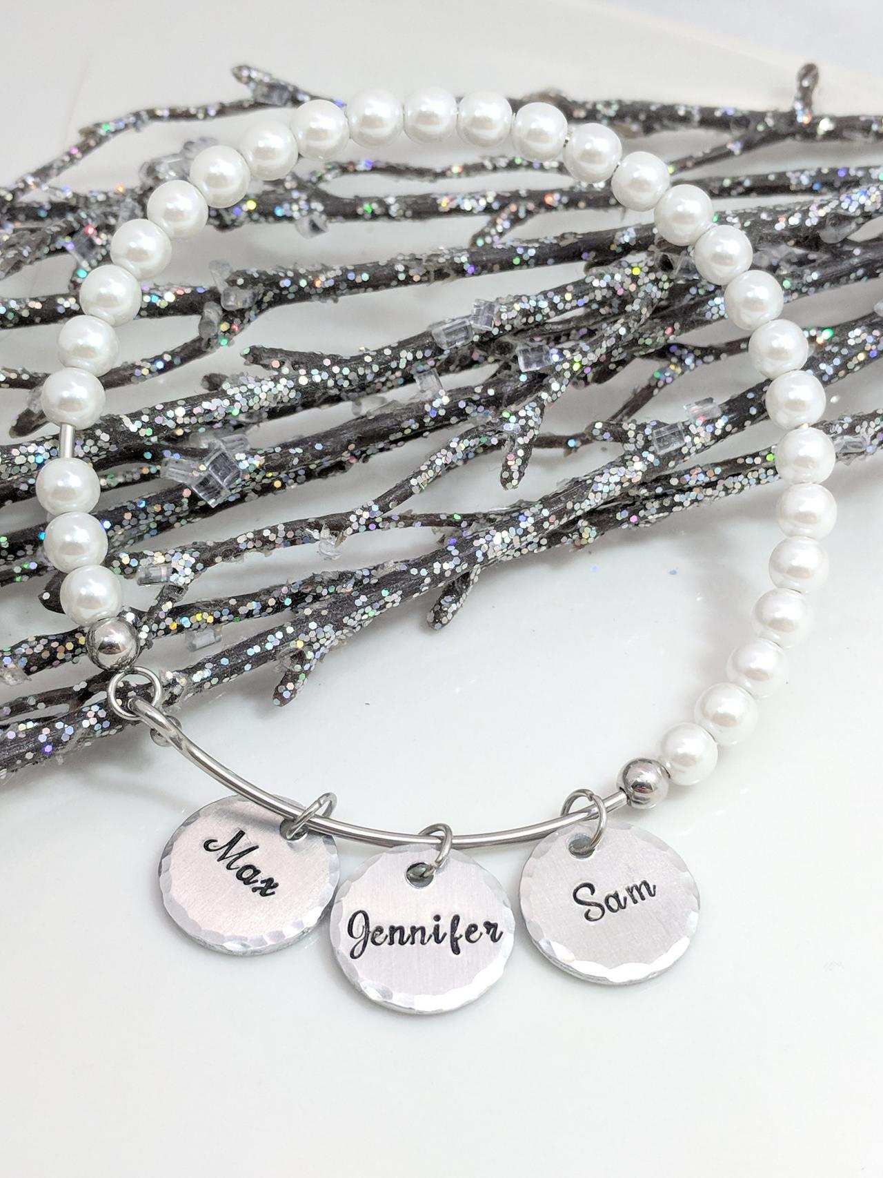 Name Hand Stamped Bracelet-personalized-pearl Bracelet-christmas Gift For Mom-gift For Grandma-pearls-handmade-mommy Bracelet