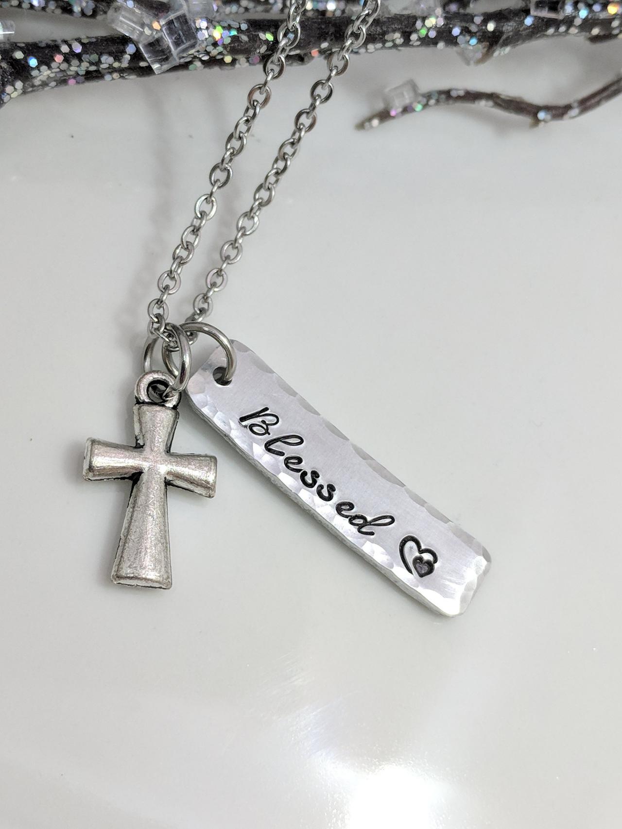 Blessed Necklace-statement Necklace-cross Jewelry-word Necklace-gift For Her-faith-inspirational Necklace-bar Necklace-christian Jewelry