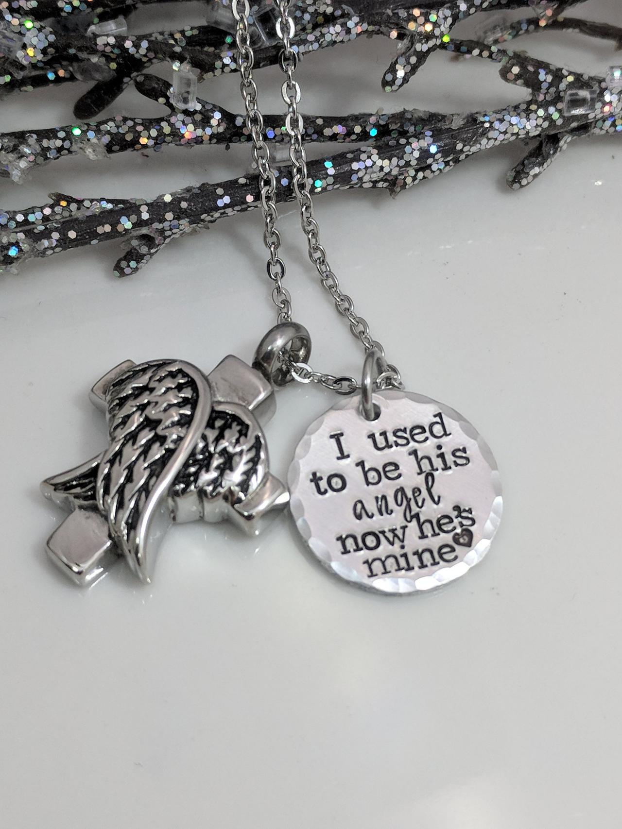 Hand Stamped Necklace-i Used To Be His Angel Urn- Angel Wing Urn- Cross- Loss Of Dad- Loss Of Grandfather- Cremation Jewelry- Ashes Holder- Urn
