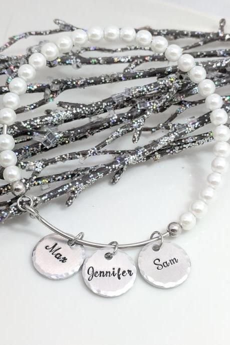 Name Hand Stamped Bracelet-personalized-pearl Bracelet-christmas Gift For Mom-gift For Grandma-pearls-handmade-mommy Bracelet