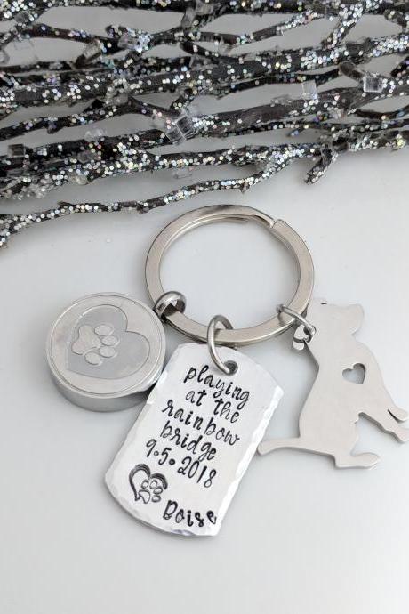 Hand Stamped Keychain-playing At The Rainbow Bridge- Pet Memorial- Dog Ashes Holder- Dog Paw Urn- Personalized- Pet Loss Keychain- Pet Loss