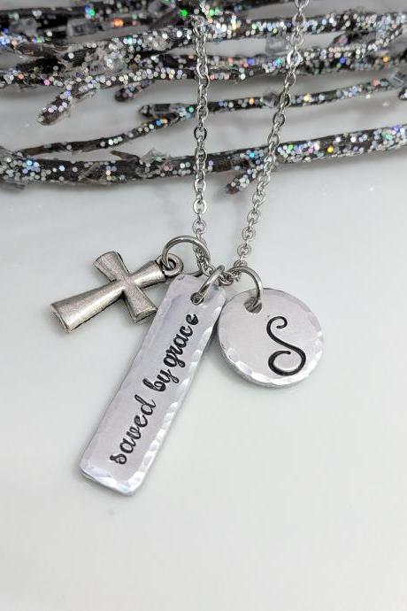 Saved By Grace Necklace-Christian Jewelry-Faith Necklace-Cross Necklace-Baptism Gift-Bible Verse Jewelry-Inspirational Gift-Initial Jewelry