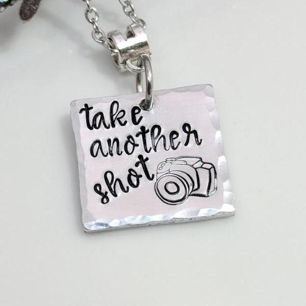 Photographer Gift-Camera Hand Stamped Necklace-Photography Jewelry-Take Another Shot-Hand Stamped Jewelry-Metal Stamped Jewelry-Exquisite Stamp Design