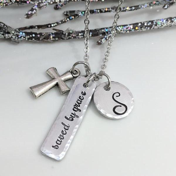 Saved By Grace Necklace-Christian Jewelry-Faith Necklace-Cross Necklace-Baptism Gift-Bible Verse Jewelry-Inspirational Gift-Initial Jewelry